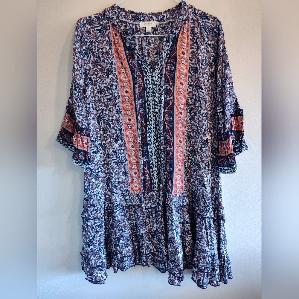 Umgee Floral Bohemian Dress Or Tunic Navy And White with Orange Accents